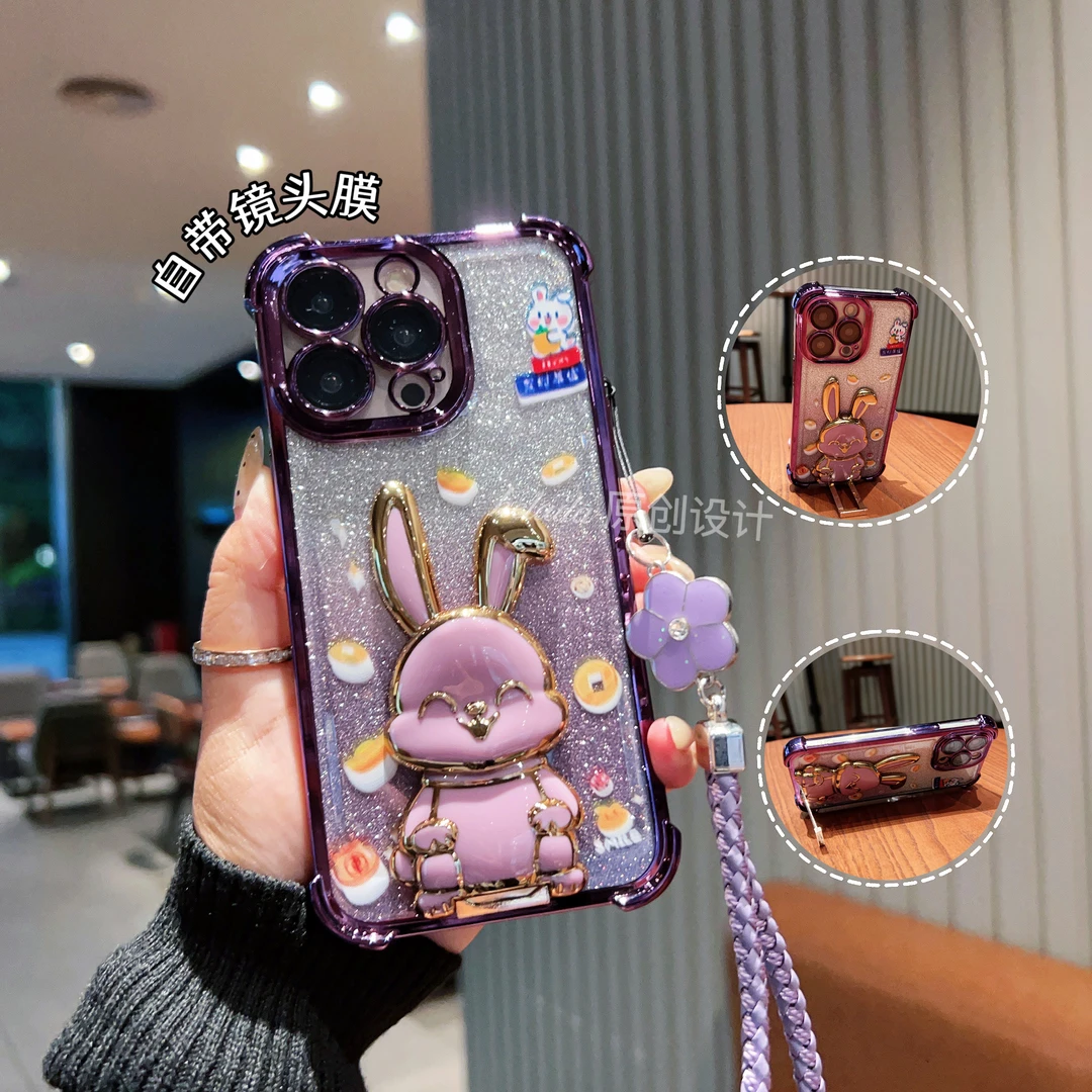 【电镀气囊发财兔支架】适用苹果16华为VIVO荣耀OPPO手机壳防摔软