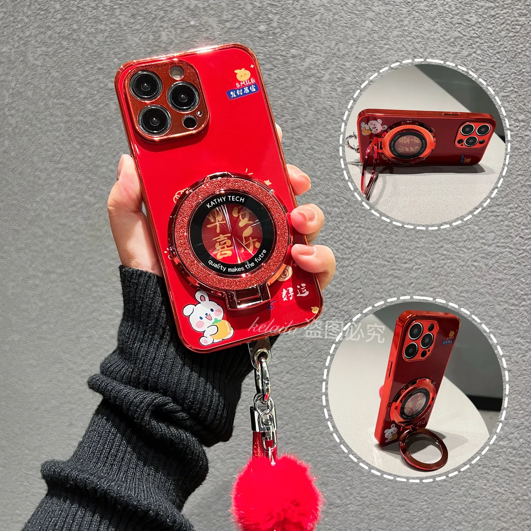 适用苹果华为荣耀OPPO小米VIVO手机壳带支架红色玻璃硬壳平安喜乐