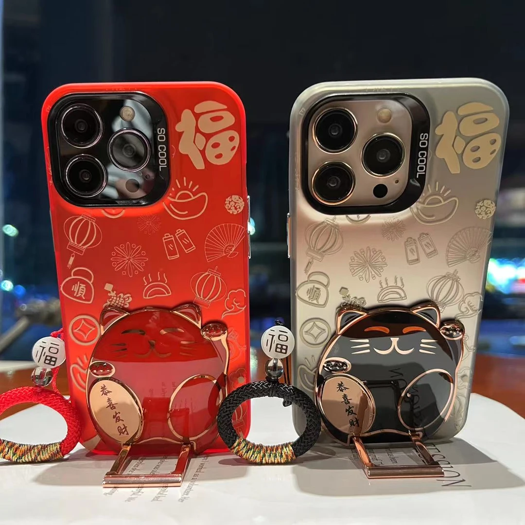 苹果/华为/荣耀/oppo/vivo小米手机壳中国风新年红招财猫支架挂绳