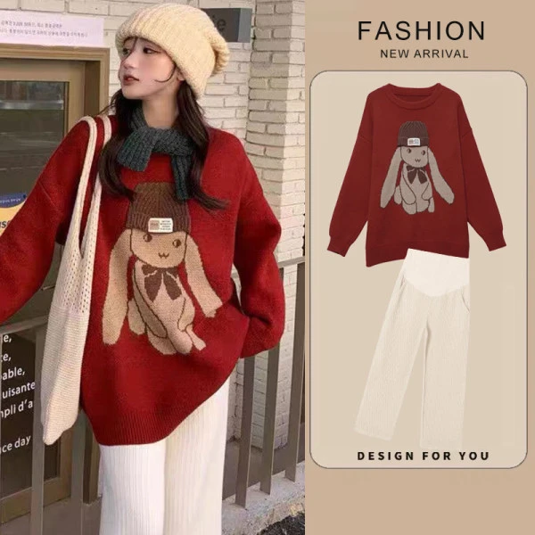孕妇装秋冬装2025新款卡通小熊针织衫宽松慵懒风中长款外穿毛衣