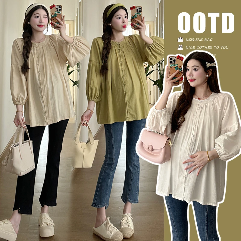 2025春夏新款孕妇装清新设计感圆领可哺乳灯笼袖衬衫韩版洋气上衣