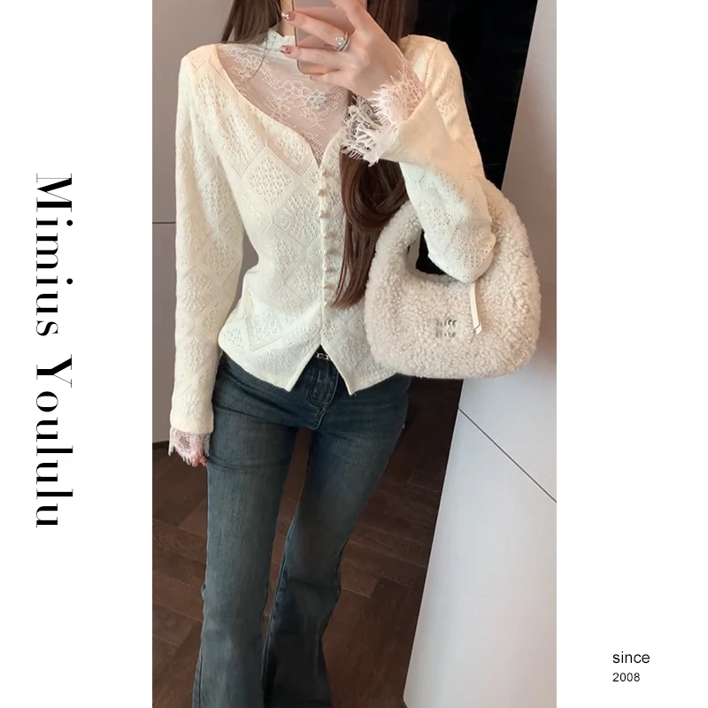 【mimius】&七七 韩系拼接网纱蕾丝半高领上衣 F10191