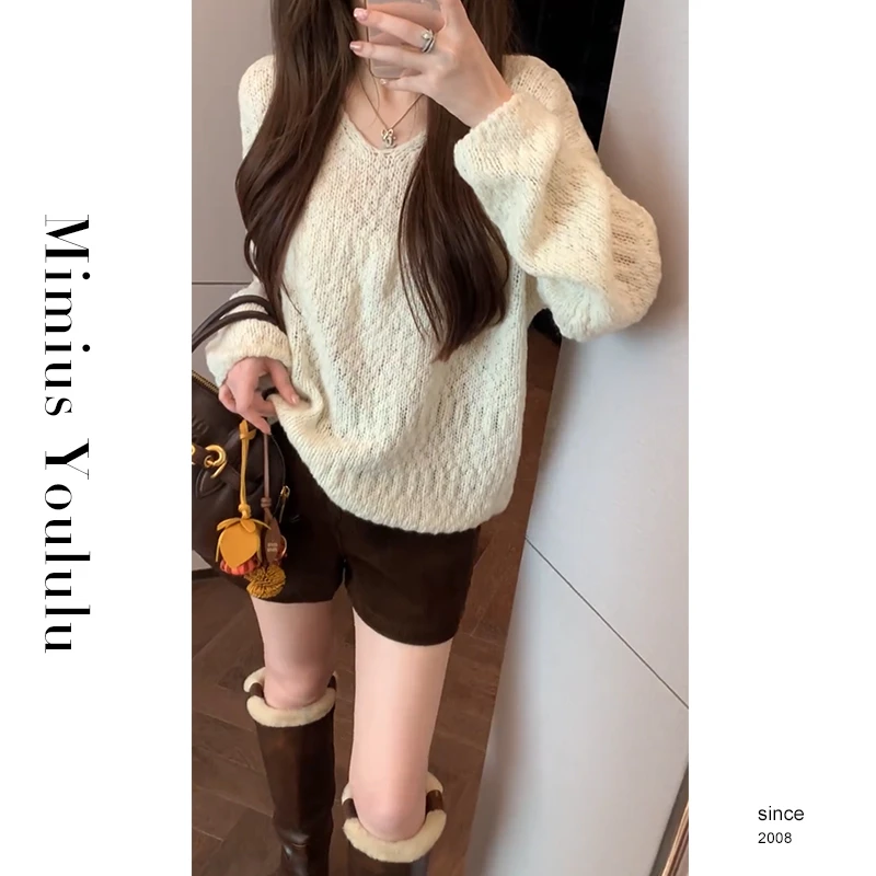 【mimius】&B游鹿鹿 肌理感减龄气质羊 毛混纺V领毛衣 WF09121