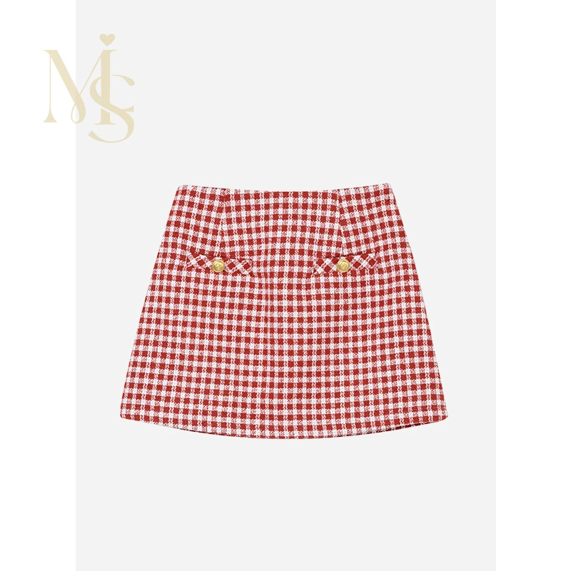 【MIMIUS＆七七】金色扣子甜美格纹裙裤 E11118