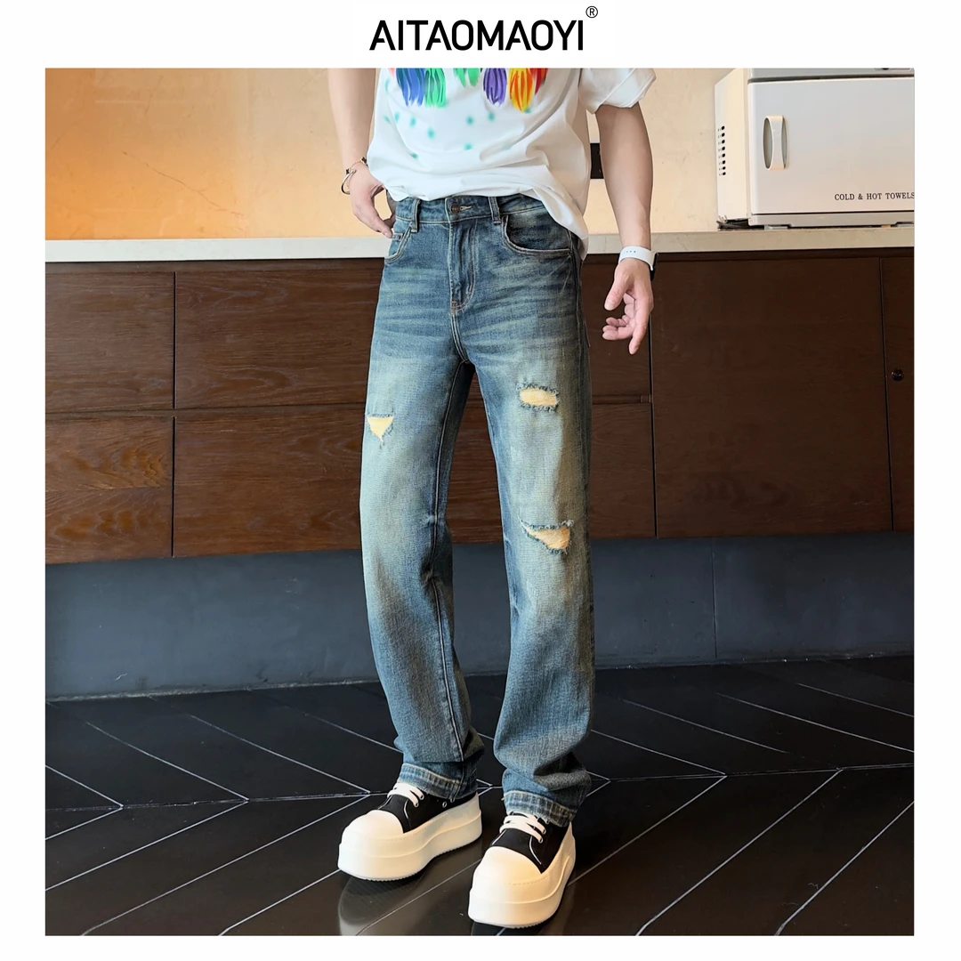 春季新款宽松直筒复古蓝色美式休闲经典百搭潮牌男款高街牛仔裤子