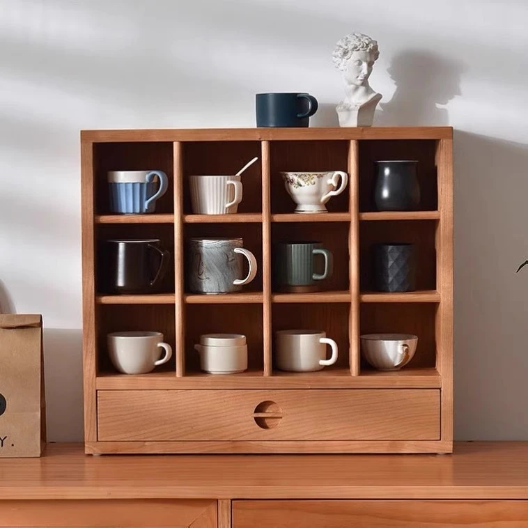 樱桃木实木格架樱桃木方格子杯子置物架桌面复古收纳柜展示架