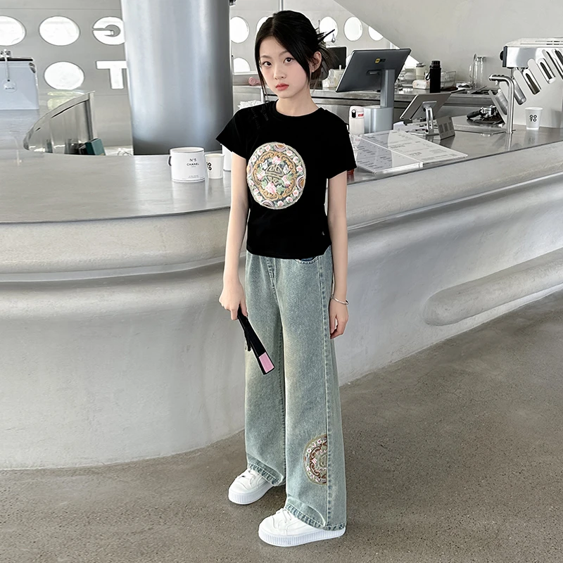 女童国风牛仔裤套装夏季2024新款中大童洋气新中式短袖休闲直筒裤