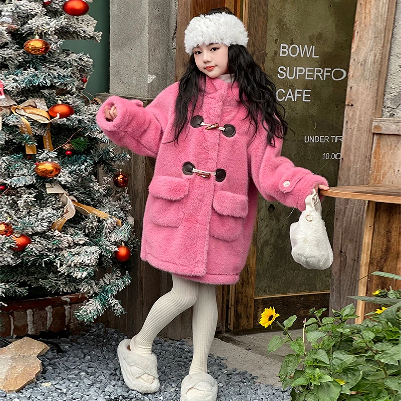 女童秋冬外套2024新款中长款大衣6-12岁中大童加厚皮毛一体毛毛衣