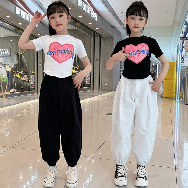 女童童装套装夏季新款爱心T恤洋气休闲薄款女孩宽松中大童慵懒