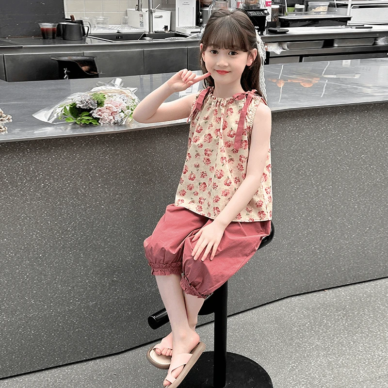 女童套装夏装洋气2024犀牛按儿童夏装无袖两件套小女孩夏季碎花夏