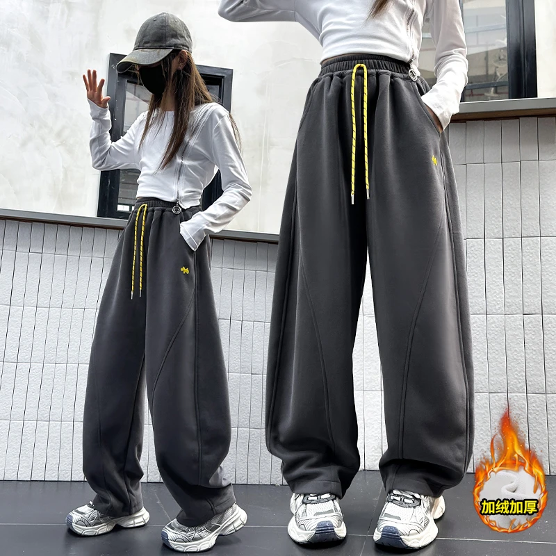 女童弯刀裤冬装2024新款儿童洋气韩版女大童一体绒加厚直筒阔腿裤