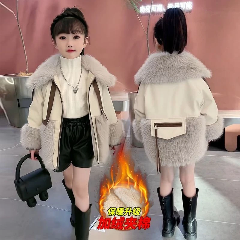 女童外套夹棉2025秋冬装新款大儿童装皮毛一体冬季加绒派克服洋气