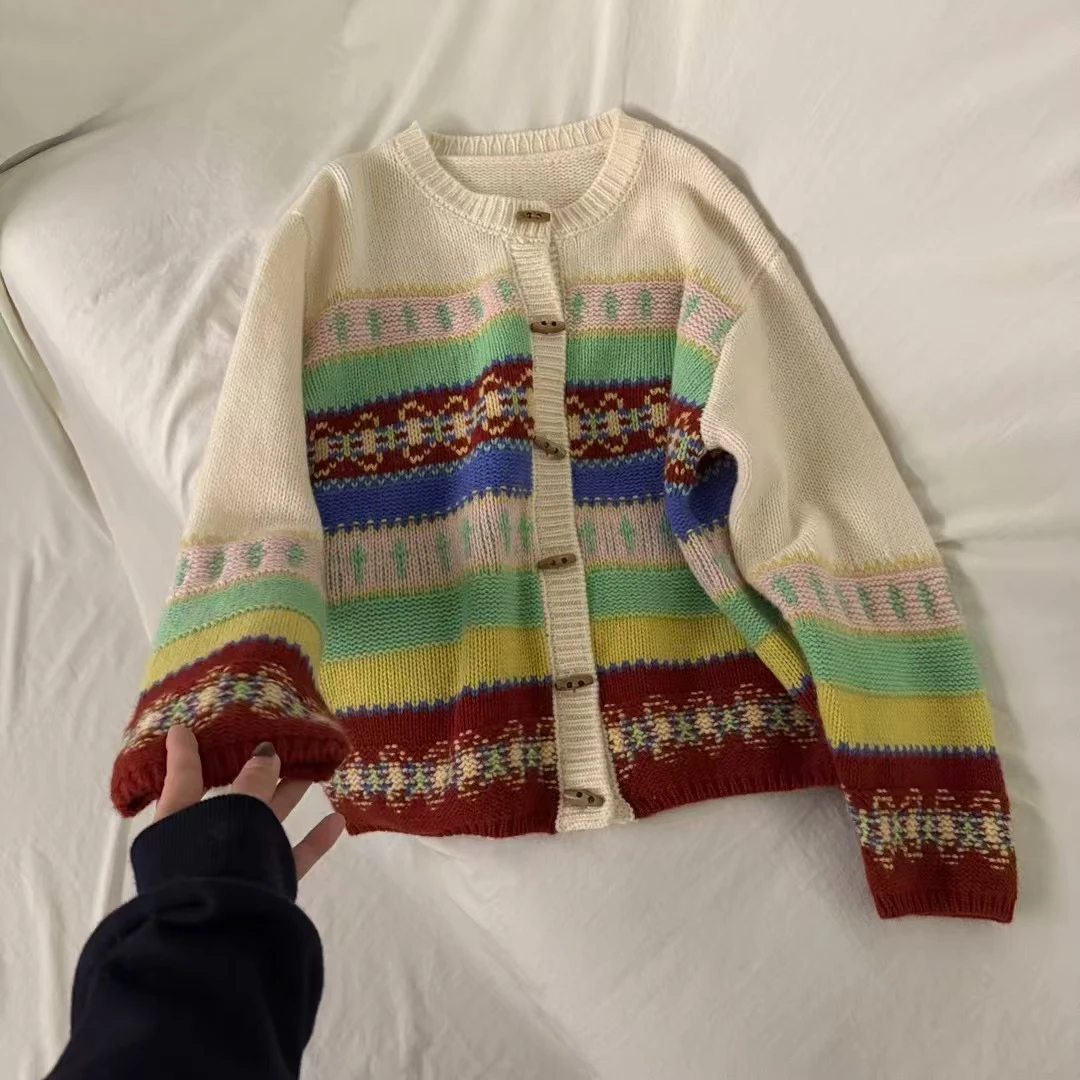 【民族风】韩系复古民族风提花单排木扣子软糯羊毛针织开衫