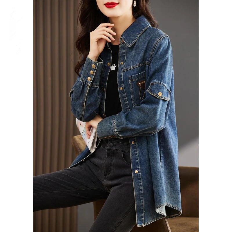 牛仔衬衫女早春秋装2025年新款欧货爆款女士上衣外套长袖叠穿衬衣