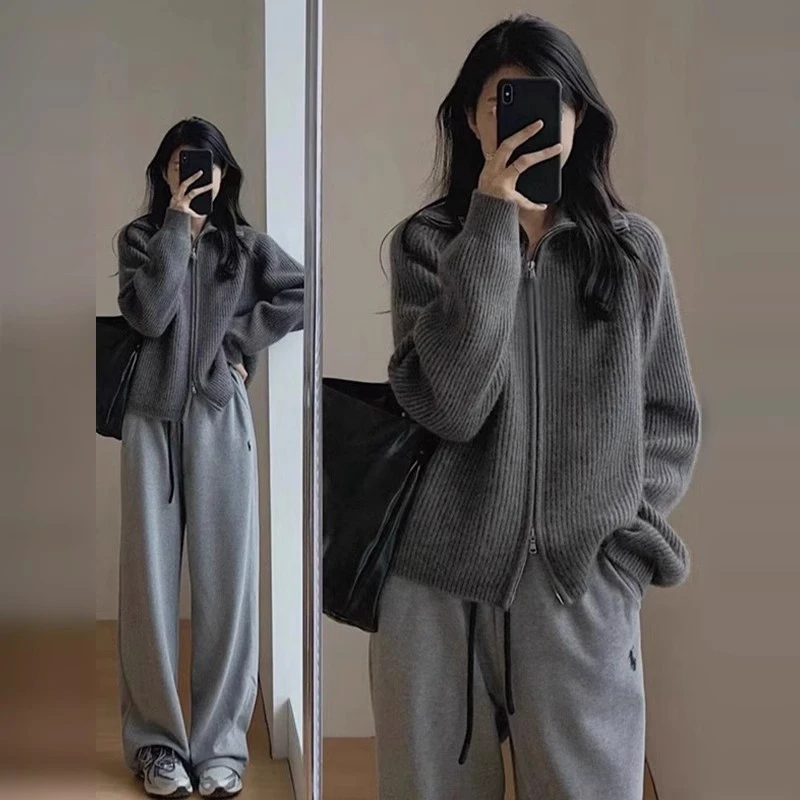 超好看慵懒风灰色拉链毛衣外套女春季2025新款加厚针织开衫上衣厚