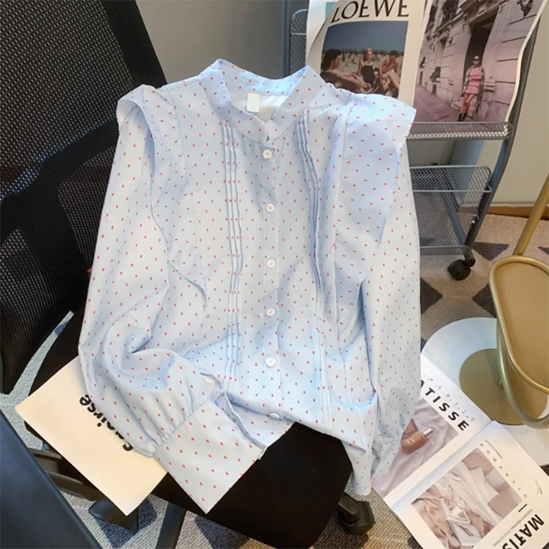 早春女装2025新款时尚气质荷叶边装饰圆点图案设计单排扣长袖上衣