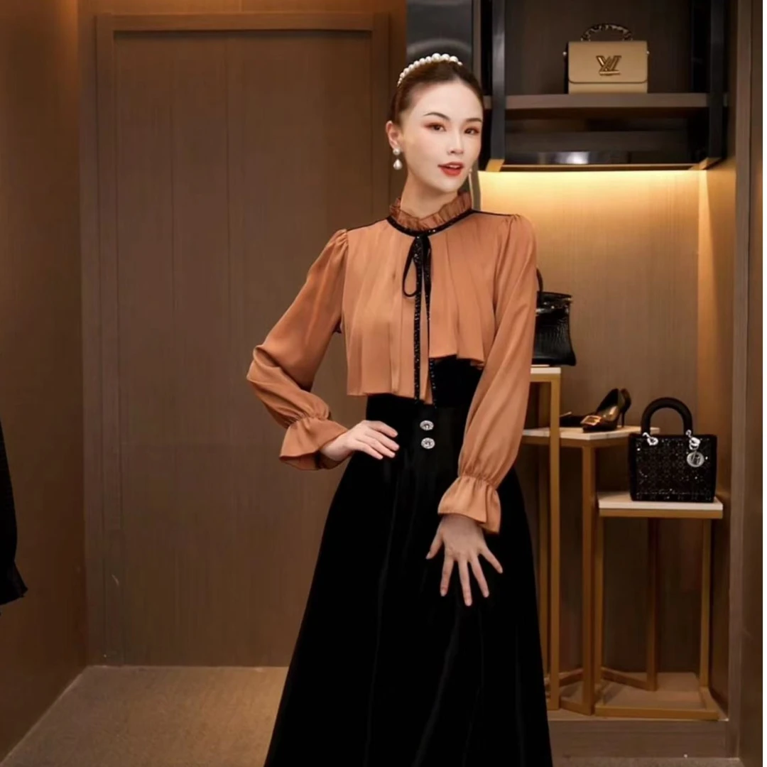 L3Q1025 法式复古美拉德色系高级锻面拼接棉时尚气质显瘦T恤上衣