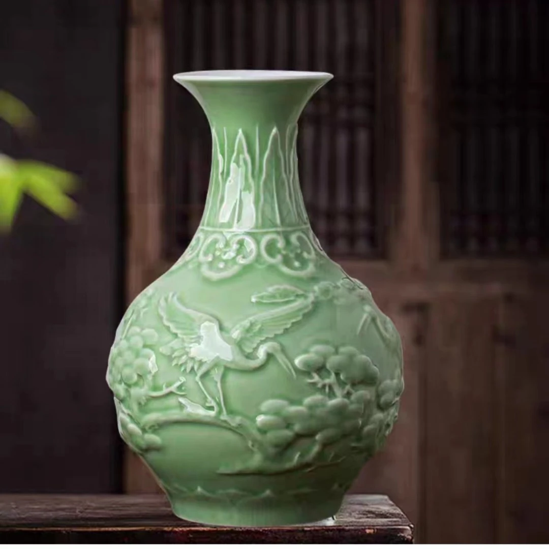 景德镇雕刻赏瓶摆件陶瓷工艺品装饰品玄关博古架家居中式禅意插花