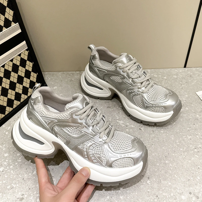 小码3233春夏厚底银色时尚老爹鞋女气质新款百搭休闲鞋增高运动