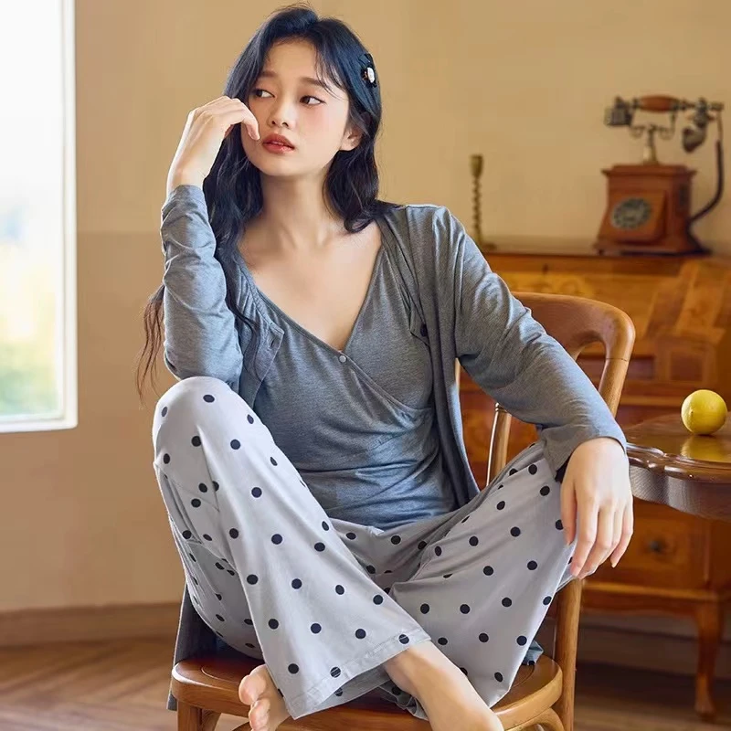 全棉月子服春秋冬产后孕妇睡衣三件套哺乳家居服套装