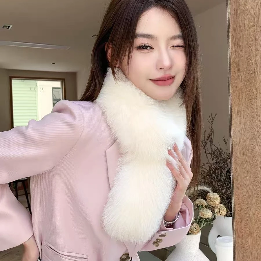 时尚氛围感围巾围脖气质白色女秋冬季围巾百搭双面毛毛绒气质毛领