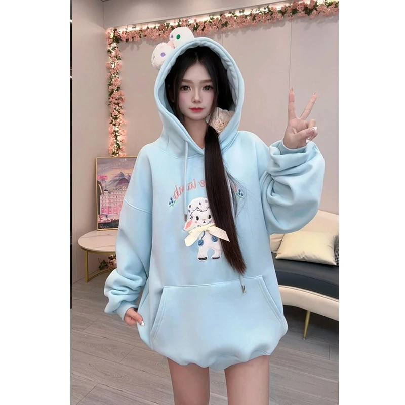 拉贝【小羊刺绣】可爱风连帽卫衣女秋冬设计感小众潮牌宽松外套卫衣