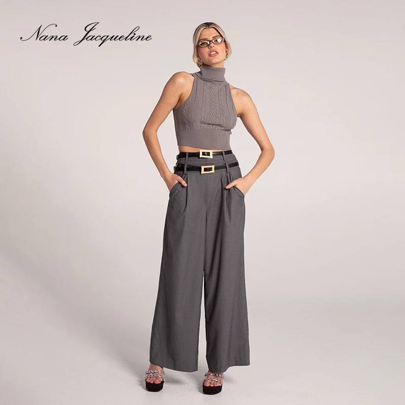 NanaJacqueline女秋新款双腰头阔腿西装裤休闲长裤