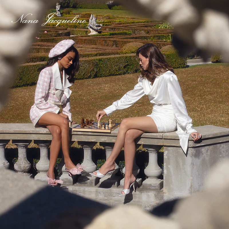 NanaJacqueline飘带荡领连衣裙春夏新款垫肩灯笼袖绕脖衬衫裙女