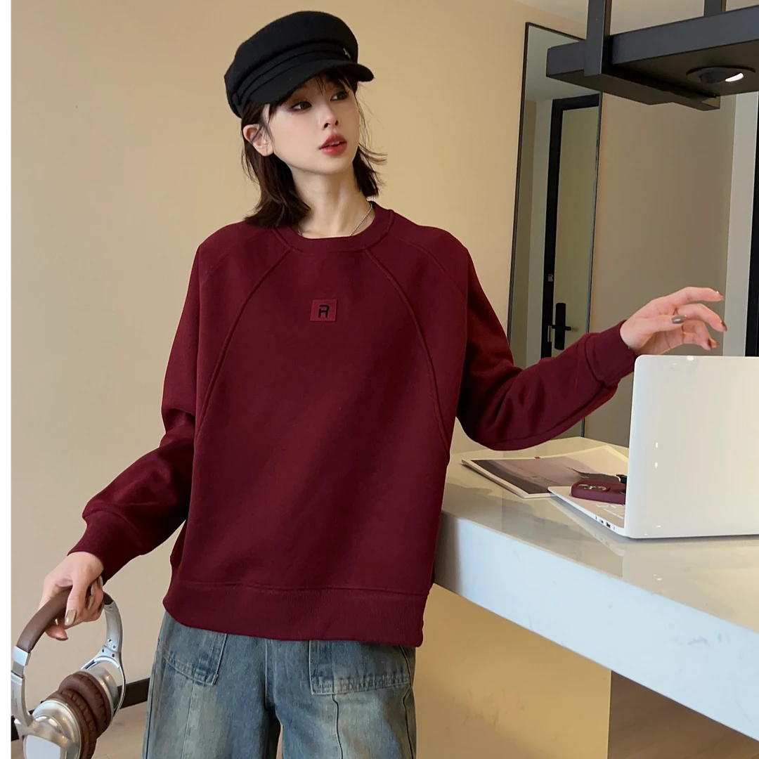 Y252冬季新款加绒韩版时尚牙刷绣R字母宽松女士圆领卫衣24-165