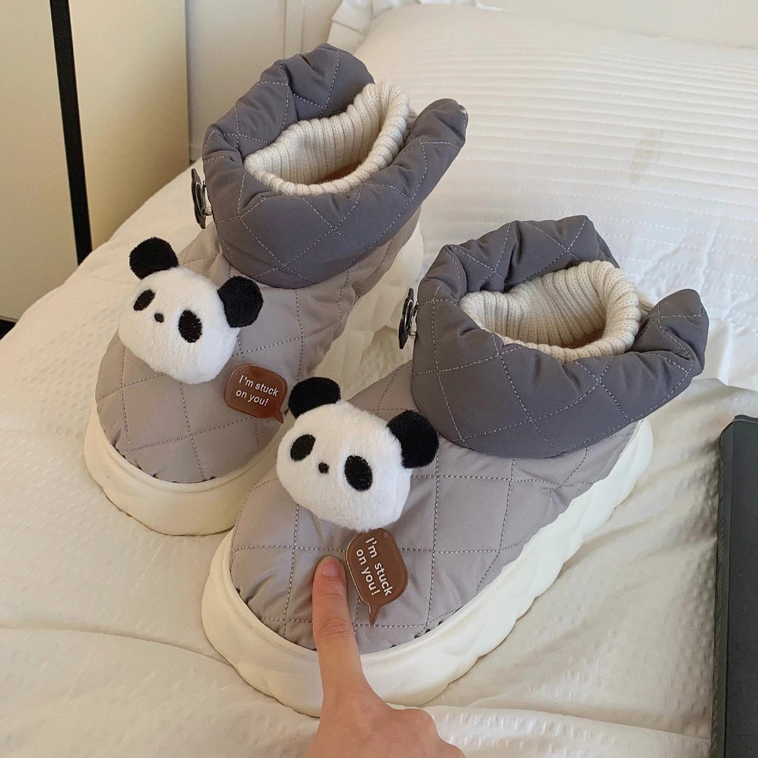 细细条 情侣可爱熊猫拼色雪地靴百搭外穿防滑保暖防水棉鞋男女冬