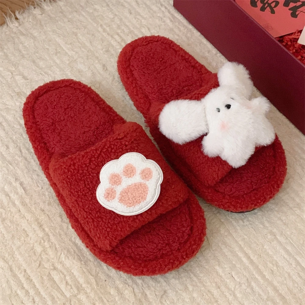 细细条 新款红色喜庆毛绒兔子棉拖鞋女秋冬季红色喜庆卡通毛毛鞋
