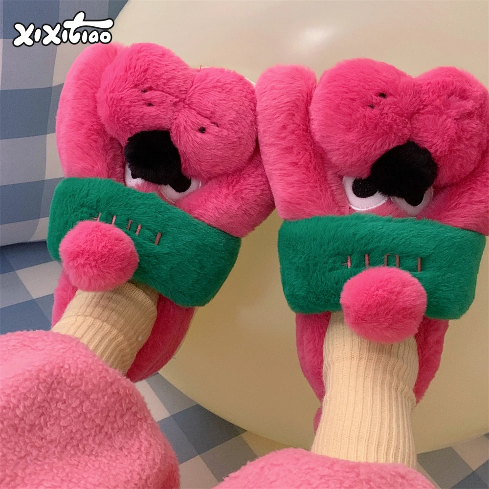 细细条 保暖防滑全包跟棉拖鞋女趣味玫红色狗狗冬季新款毛毛鞋ins