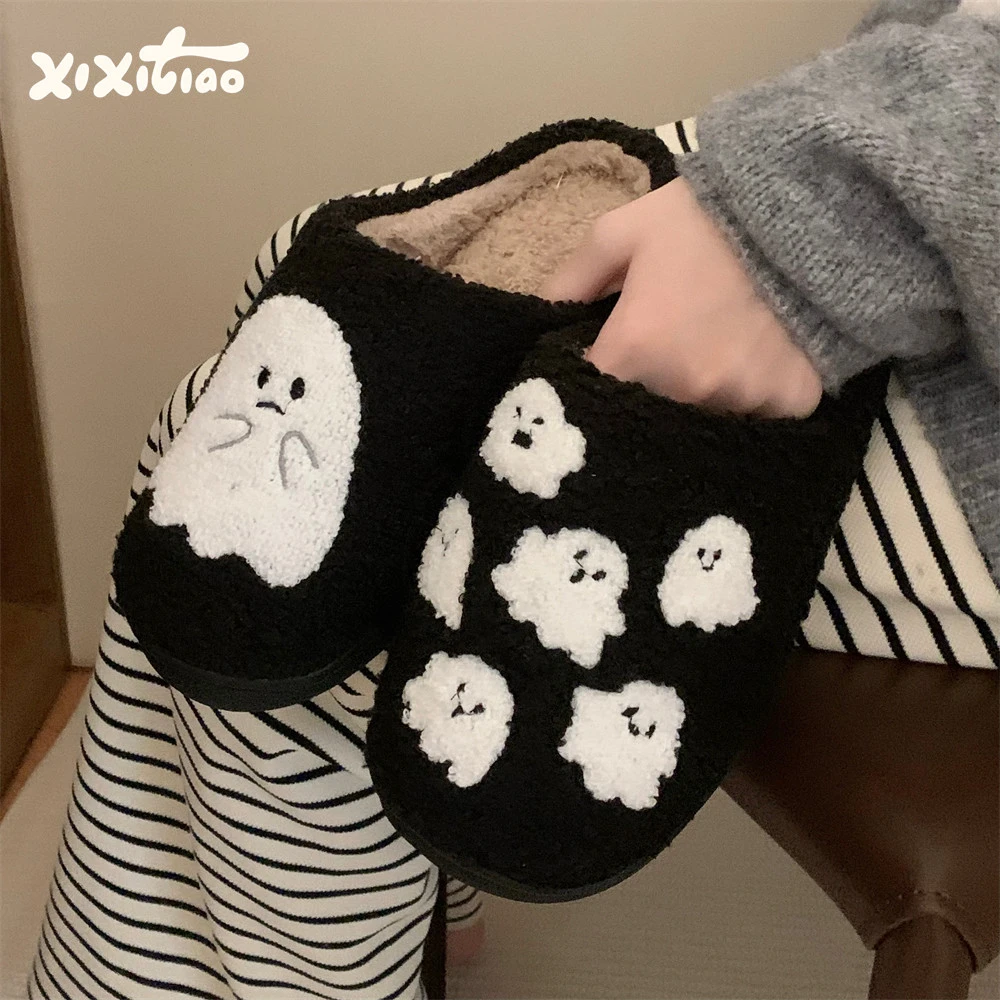 细细条 学生秋冬季休闲居家趣味毛毛鞋万圣节可爱小幽灵棉拖鞋女