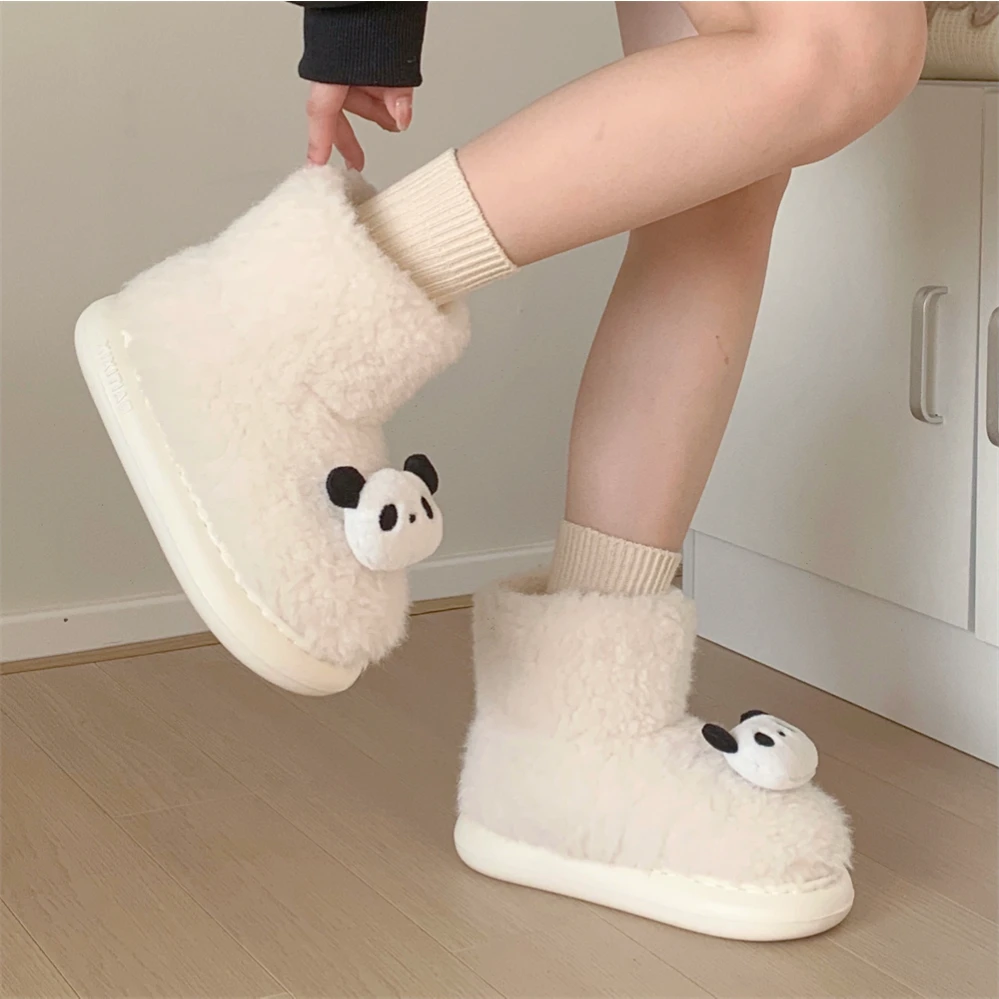 细细条 女冬季可爱熊猫仿羊羔毛户外保暖棉鞋防滑百搭时尚雪地靴