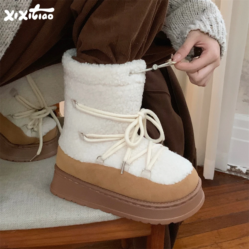 细细条 复古保暖西部靴女冬时尚增高中筒靴羔毛绑带舒适雪地靴