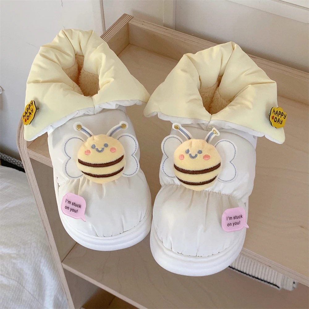 细细条 趣味可爱小蜜蜂拼色加绒雪地靴户外防滑保暖防水棉鞋女冬