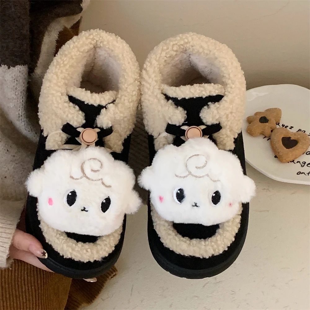 细细条 冬季女防滑保暖抽绳束口东北棉鞋可爱小羊百搭加绒雪地靴