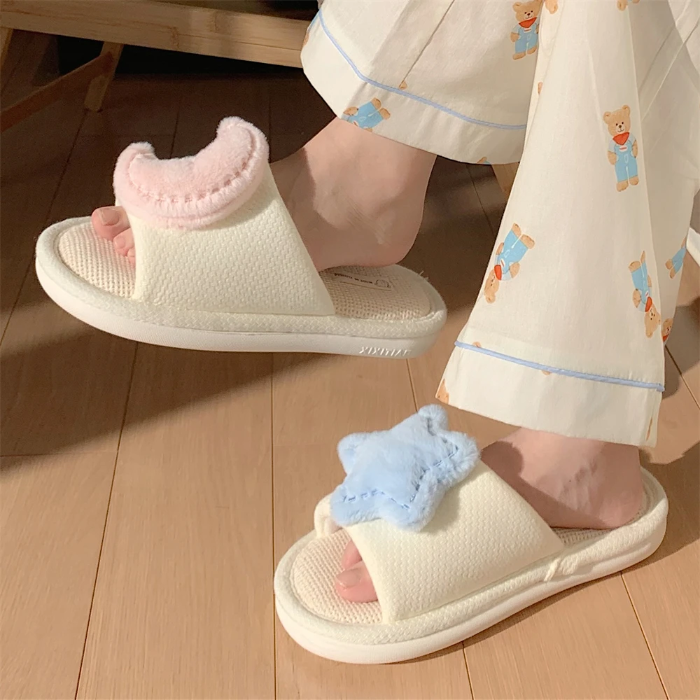 细细条 新款四季时尚卡通舒适地板鞋立体星星月亮吸汗亚麻拖鞋女