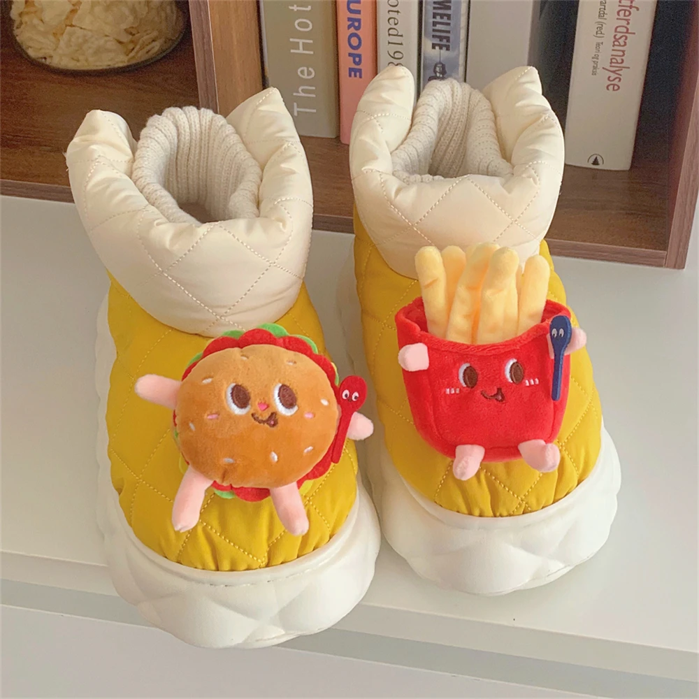 细细条 男女士时尚创意可爱薯条汉堡雪地靴保暖加绒外穿情侣棉鞋