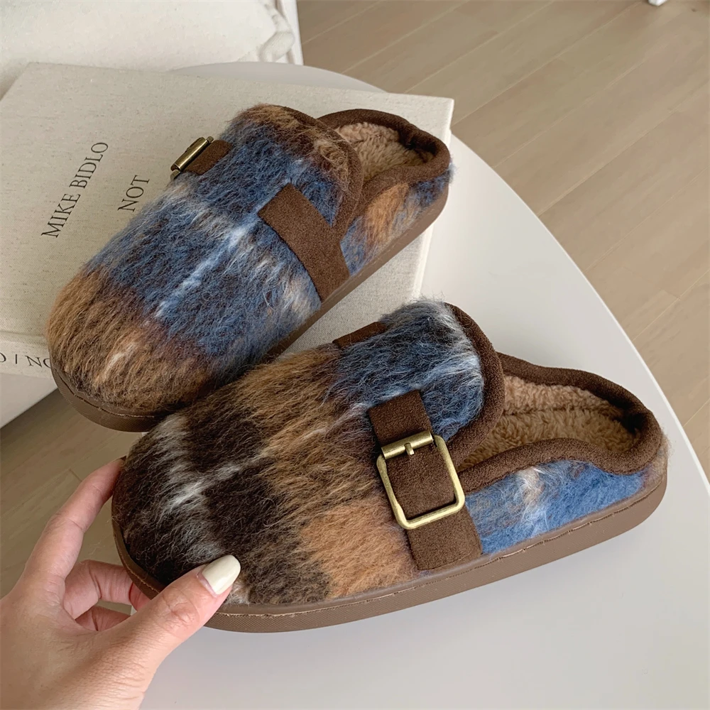 细细条 时尚复古毛绒保暖勃肯鞋乐福鞋舒适平底防滑女士棉拖鞋