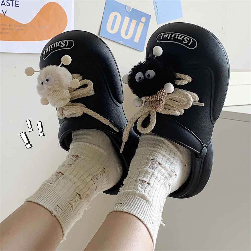 细细条 搞怪黑白煤球系带时尚凉拖鞋男女潮酷厚底外穿洞洞鞋夏季