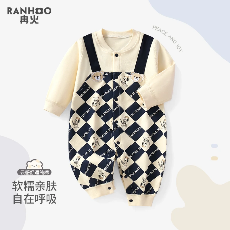 0-6个月婴儿衣服秋装连体衣男宝宝春秋季爬服新生儿长袖格子哈衣