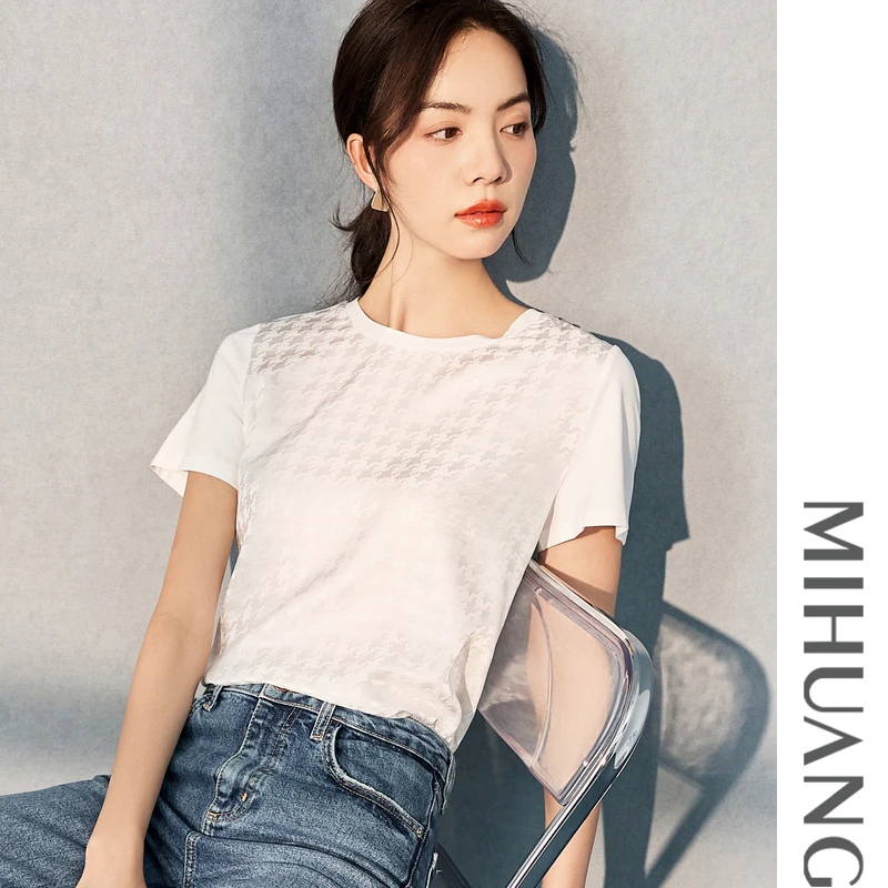 MIHUANG/米皇桑蚕丝莫代尔千鸟格时尚休闲圆领短袖女士T恤535381