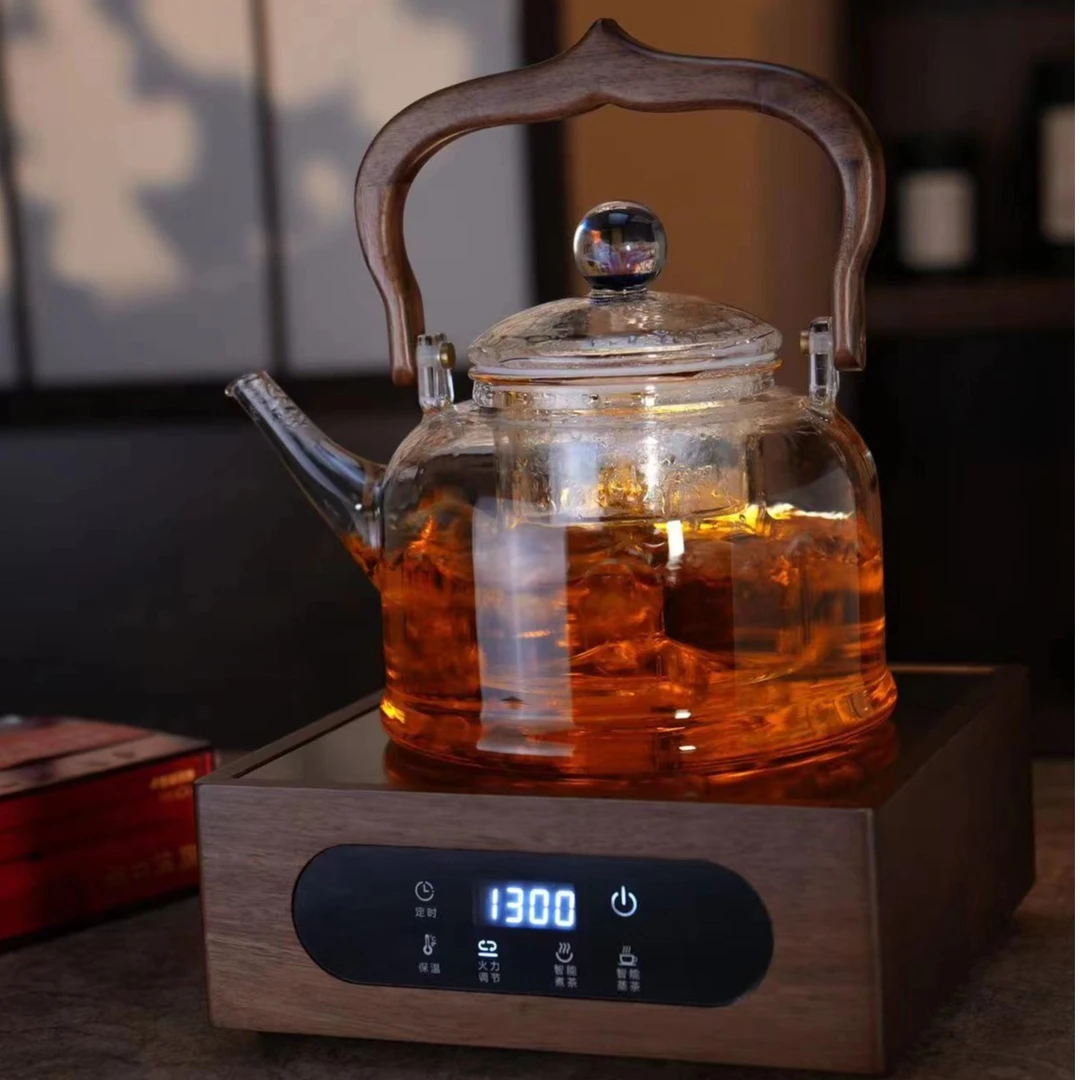 璃花堂实木煮茶器加1400ml蒸煮一体茶壶高硼硅玻璃煮茶器套装
