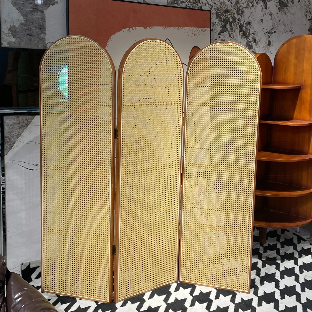 中古风折叠藤编屏风客厅玄关隔断复古法式实木书架置物遮挡移动屏
