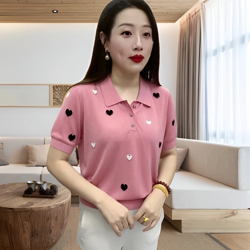 高档洋气中年妈妈装2024年夏季通勤遮肉减龄时尚外穿短袖针织小衫