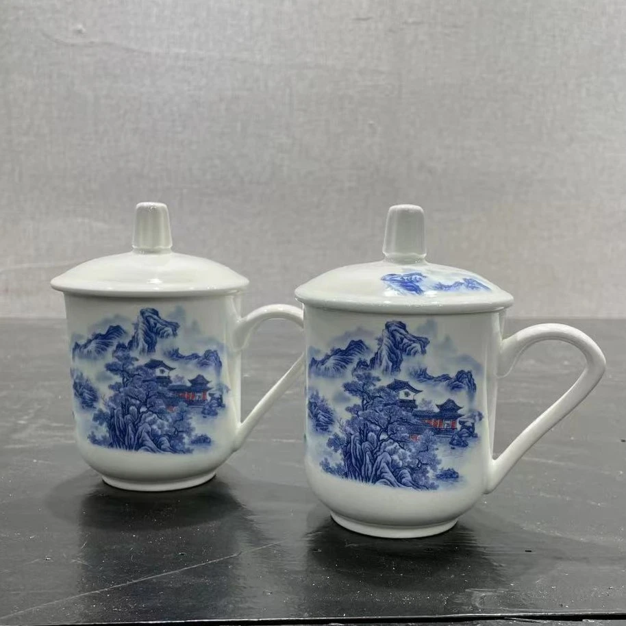 景德镇青花山水景办公杯/大号水杯/家用白瓷/景德镇制底款/一对