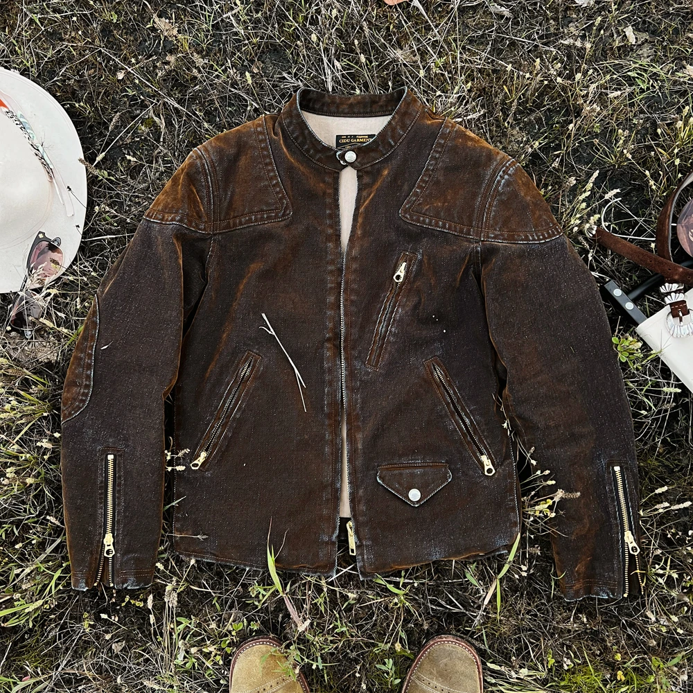 CIDU/刺度14.5oz水洗石磨做旧双色原牛毒液立领机车夹克