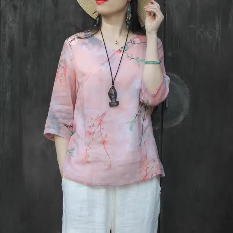 7280#文艺原创夏季新款中式国风女装上衣短款宽松女碎花小衫