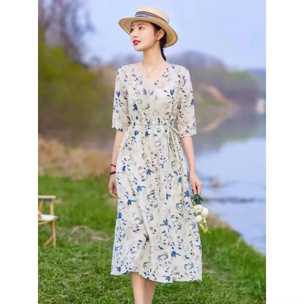6910#夏季V领连衣长裙清新印花系带显瘦中国风气质夏天a字连衣裙